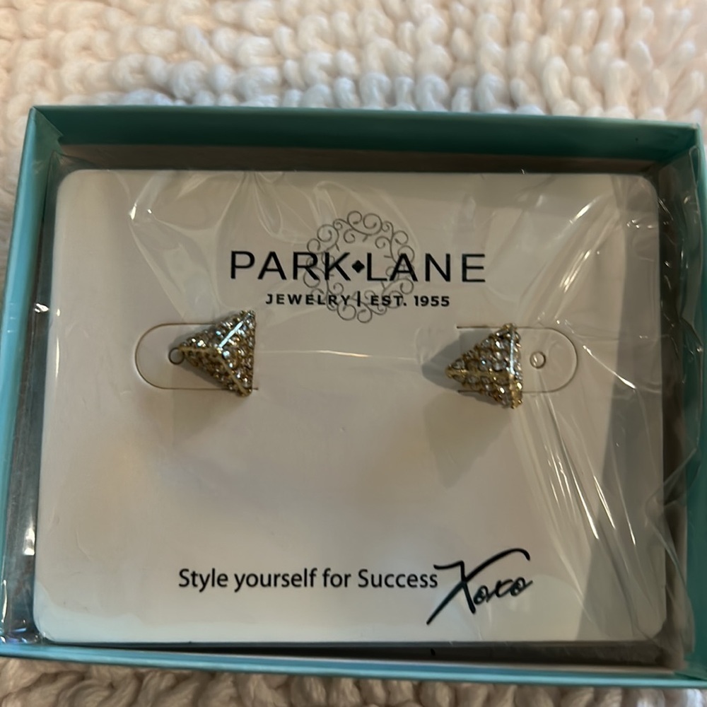 New | Park Lane Cleo Earrings Golden Pyramids Encrusted with Mini Crystals - Picture 3 of 5